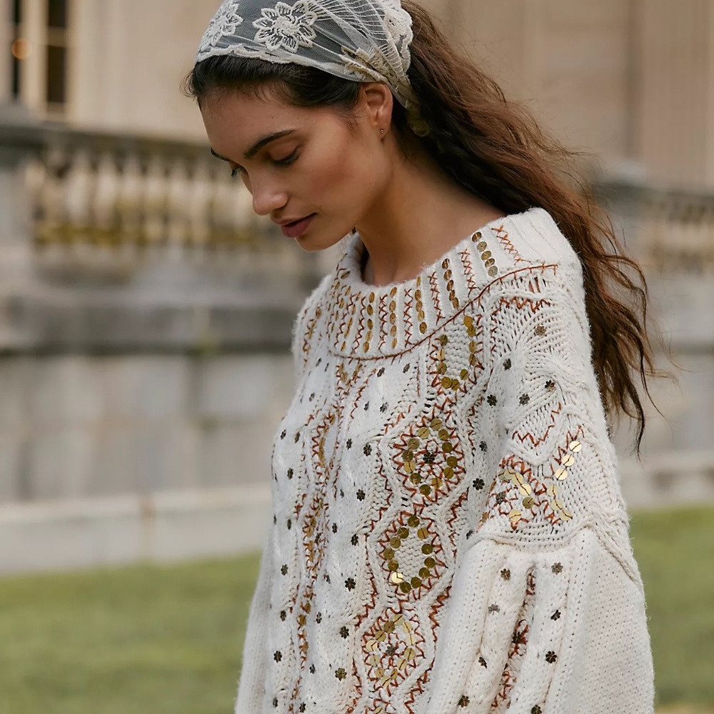 Free People Gilded Cable Embellished Sweater NWT $298 S
